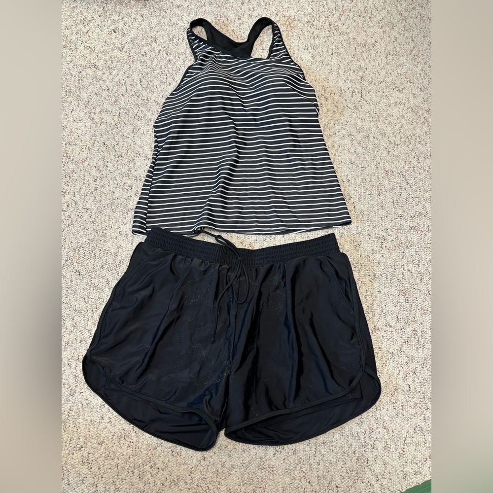 Striped Black and White Women's Modest Tankini Swim Set